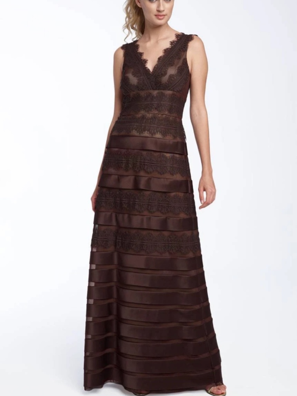 JS Collections Satin Lace Mesh Evening Gown Dress Plus Size 20W Brown